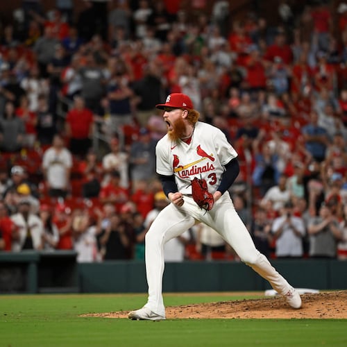 St. Louis Cardinals starting pitcher Dustin May celebrates after the team defeated the San Diego Padres in a baseball game, Monday, June 15, 2026, in St. Louis. (AP Photo/Joe Puetz)