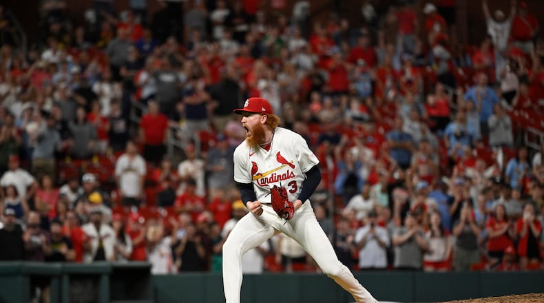 St. Louis Cardinals starting pitcher Dustin May celebrates after the team defeated the San Diego Padres in a baseball game, Monday, June 15, 2026, in St. Louis. (AP Photo/Joe Puetz)