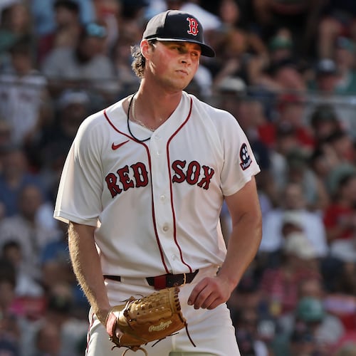 Boston Red Sox pitcher Jake Bennett reacts after giving up a run in the fifth inning of a baseball game against the Athletics, Saturday, Aug. 8, 2026 in Boston. (AP Photo/Jim Davis)