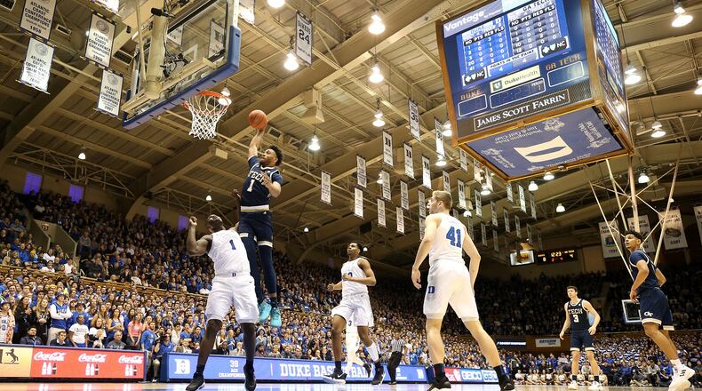 James Banks of the Georgia Tech Yellow Jackets dunks the ball over Zion Williamson of the Duke Blue Devils during their game at Cameron Indoor Stadium on January 26, 2019 in Durham, North Carolina. (Photo by Streeter Lecka/Getty Images)