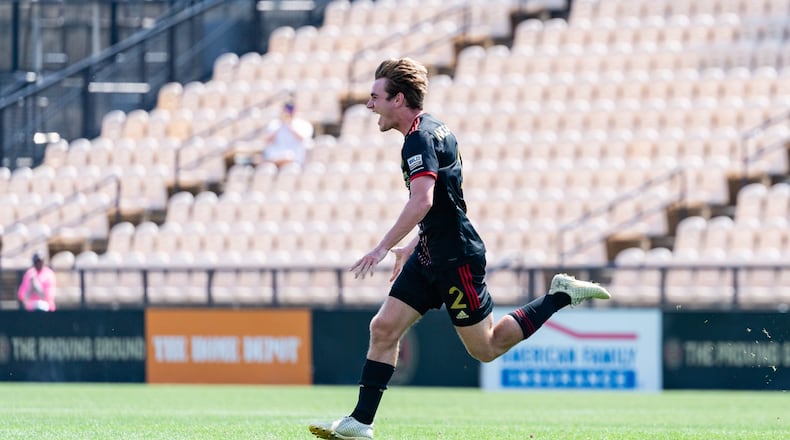Atlanta United 2 midfielder Aiden McFadden #2 celebrates after scoring during the first half of the USL match against Memphis 901 FC at Fifth-Third Bank Stadium in Kennesaw, Georgia, on Sunday May 23, 2021. (Photo by Dakota Williams/Atlanta United)