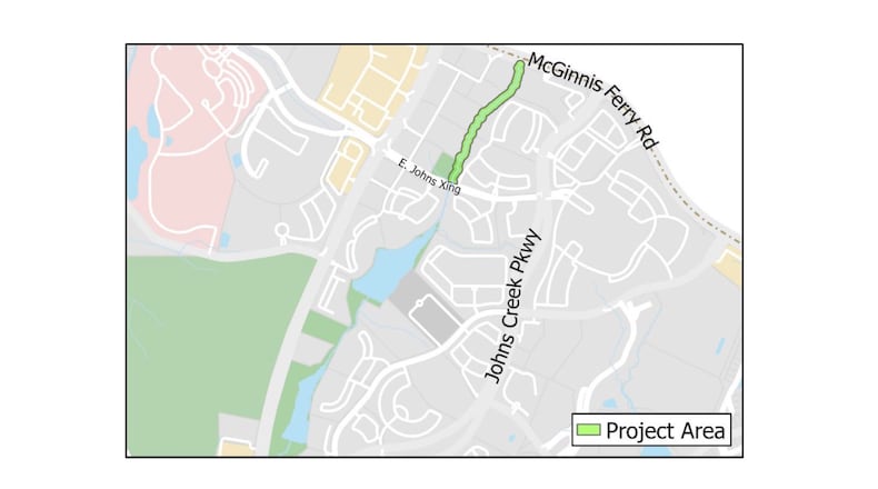 Johns Creek has made it a priority to re-establish the connection between Creekside Park and McGinnis Ferry Road along the Johns Creek tributary. Project area shown here in green. (Courtesy City of Johns Creek)