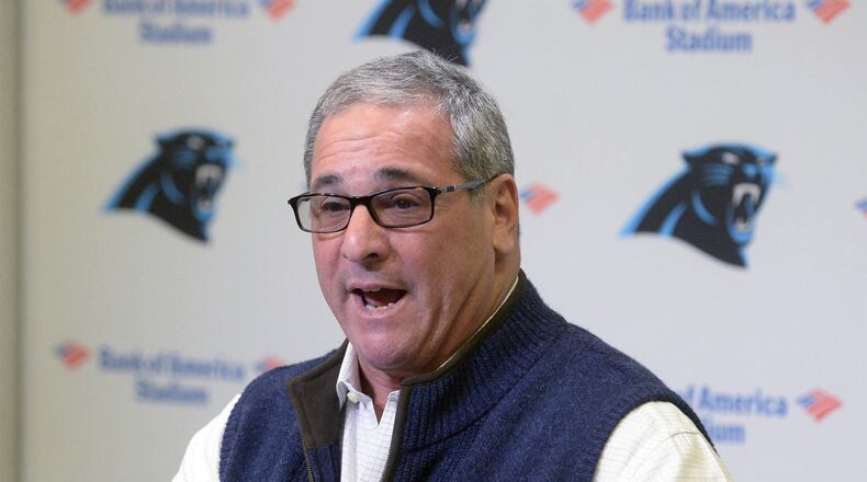 Carolina Panthers general manager Dave Gettleman gestures as he speaks to the media during his end of season press conference on Tuesday, Jan. 3, 2017 at Bank of America Stadium in Charlotte, N.C. The Panthers fired Gettleman, they announced Monday. (David T. Foster III/Charlotte Observer/TNS)