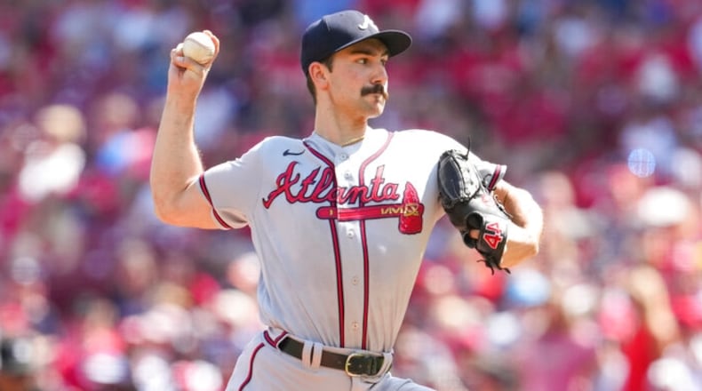 Atlanta Braves starting pitcher Spencer Strider throws during the first inning of a baseball game against the Cincinnati Reds, Saturday, July 2, 2022, in Cincinnati. (AP Photo/Jeff Dean)