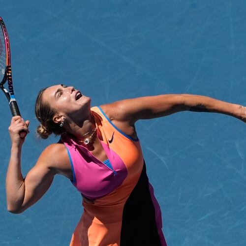 Aryna Sabalenka of Belarus serves to Anastasia Potapova of Austria during their third round match at the Australian Open tennis championship in Melbourne, Australia, Friday, Jan. 23, 2026. (AP Photo/Asanka Brendon Ratnayake)