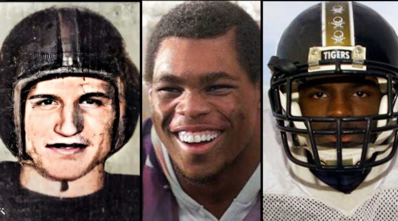 The first class for the Georgia High School Football Hall of Fame includes (from left) George Maloof of 1947 Marist, Herschel Walker of 1979 Johnson County and Monte Williams of 2000 Commerce.