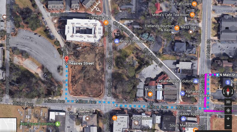 A four-way real estate deal will result in Teasley Street, a private drive, transferred from the Fulton County Schools to Alpharetta so the city can upgrade it to a public street. GOOGLE MAPS