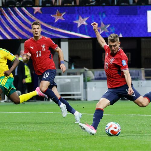 Czechia's Michal Sadilek, right, prepares to score a goal during first half of Czechia vs. South Africa Group A FIFA World Cup match at Atlanta Stadium (Mercedes-Benz Stadium) on Thursday, June 18, 2026. (Miguel Martinez/AJC)