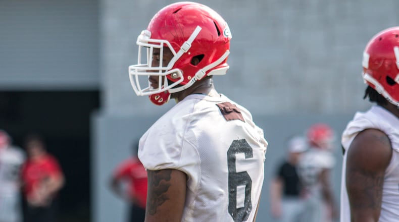 Georgia inside linebacker Natrez Patrick (6) during the Bulldogs' spring football practice Tuesday, Mar. 21, 2017, at Butts-Mehre Heritage Hall in Athens.
