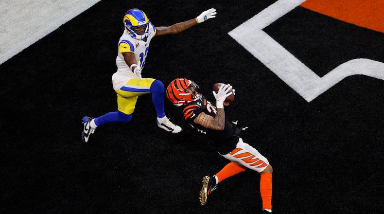 Cincinnati Bengals safety Jessie Bates (30) catches an interception during the second quarter in the Super Bowl LVI at SoFi Stadium on Sunday, Feb. 13, 2022, in Inglewood, California. (Gina Ferazzi/Los Angeles Times/TNS)