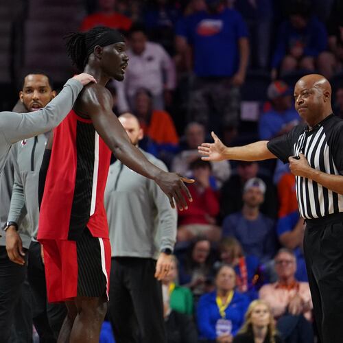 Georgia center Somto Cyril is ejected from the game after elbowing Florida’s Rueben Chinyelu in the face on Tuesday, Jan. 6, 2026, in Gainesville, Fla. (Morgan Hurd/AP)