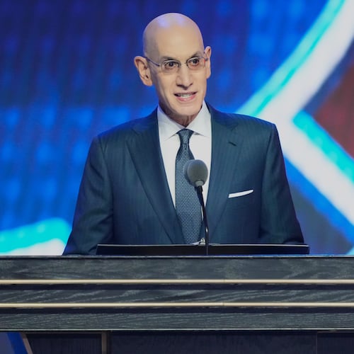NBA Commissioner Adam Silver speaks during the first round of the NBA basketball draft, Tuesday, June 23, 2026, in New York. (AP Photo/Yuki Iwamura)