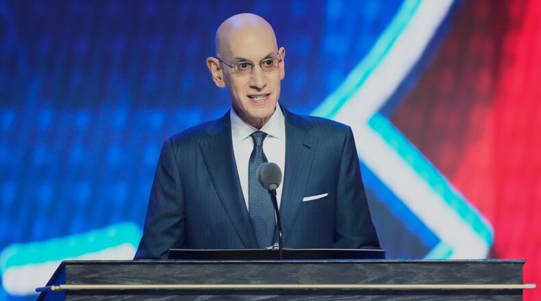 NBA Commissioner Adam Silver speaks during the first round of the NBA basketball draft, Tuesday, June 23, 2026, in New York. (AP Photo/Yuki Iwamura)