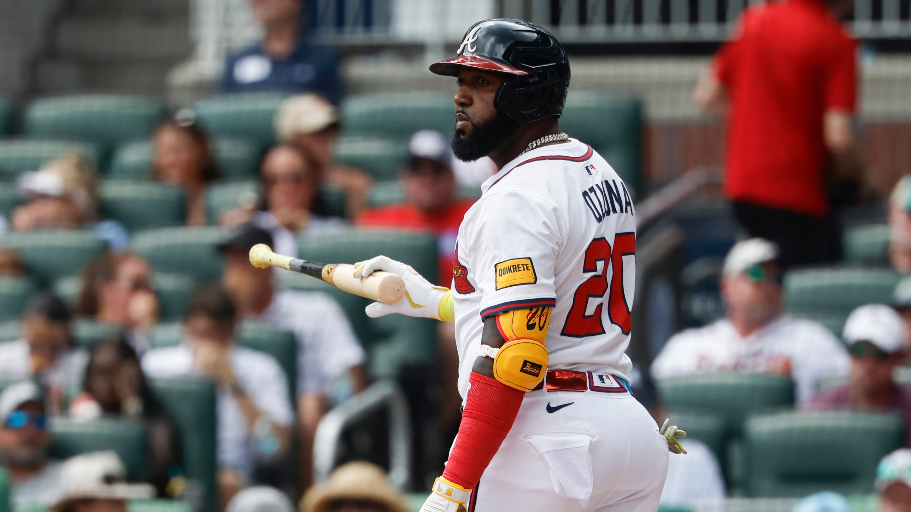 Atlanta Braves designated hitter Marcell Ozuna reacts after striking out during the sixth inning of a baseball game against the Philadelphia Phillies, Sunday, June 29, 2025, in Atlanta. (AP Photo/Butch Dill)