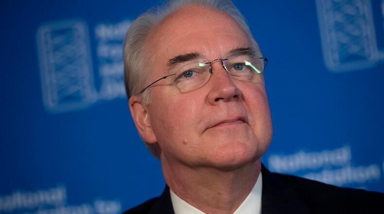 US Secretary of Health and Human Services Tom Price attends a press conference about influenza prevention for the upcoming flu season at the National Press Club in Washington, DC, September 28, 2017.
Five Democratic lawmakers have called for the resignation of Health and Human Services Secretary Tom Price for what they described as "a gross misuse of public funds," notably for spending $25,000 on a private roundtrip flight from Washington to nearby Philadelphia. / AFP PHOTO / SAUL LOEB (Photo credit should read SAUL LOEB/AFP/Getty Images)