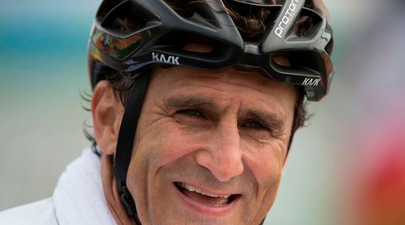 FILE - Alex Zanardi, smiles after winning the silver medal in the men's road race H5, during the 2016 Paralympics Games, in Rio de Janeiro, Brazil, Sept. 15, 2016, (AP Photo/Mauro Pimentel, File)
