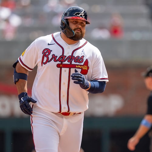Atlanta Braves' Rowdy Tellez rounds second base after hitting a home run during the ninth inning of a baseball game against the Milwaukee Brewers, Sunday, June 21, 2026, in Atlanta. (AP Photo/Erik Rank)