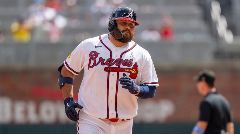 Atlanta Braves' Rowdy Tellez rounds second base after hitting a home run during the ninth inning of a baseball game against the Milwaukee Brewers, Sunday, June 21, 2026, in Atlanta. (AP Photo/Erik Rank)