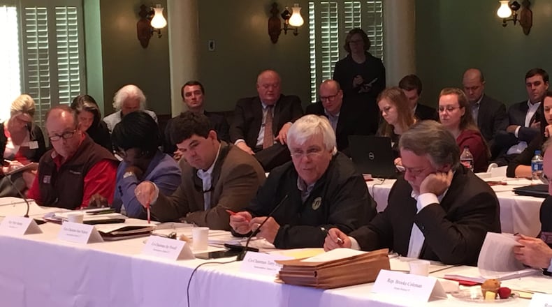 The Georgia House of Representatives Rural Development Council unanimously approved suggestions meant to boost the economy in rural areas during a meeting Wednesday at the Old Capitol Building in Milledgeville. Those seated in the center are, from left, state Reps. Patty Bentley, Sam Watson, Jay Powell and Terry England. MARK NIESSE / MARK.NIESSE@AJC.COM