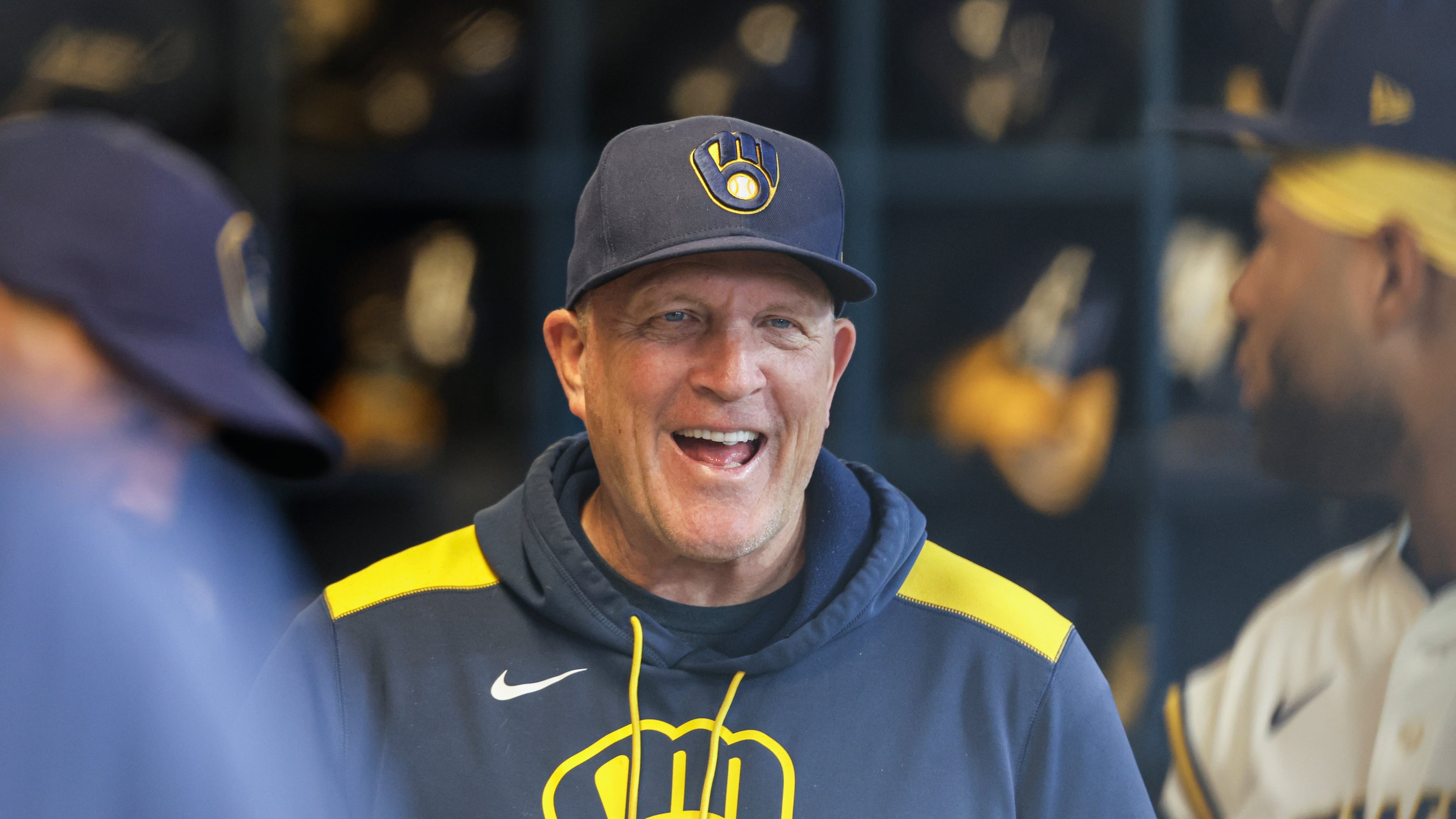Milwaukee Brewers manager Pat Murphy looks on from the dugout before a baseball game against the Philadelphia Phillies, Wednesday, Sept. 3, 2025, in Milwaukee. (AP Photo/Jeffrey Phelps)