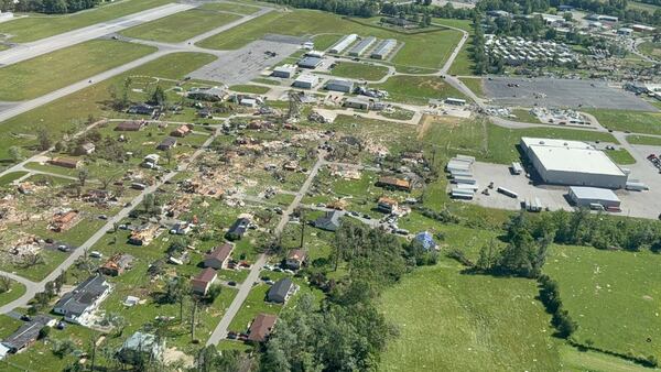 This aerial photo provided by London, KY Mayor Randall Weddle shows damage from severe weather in London, Ky., on Saturday, May 17, 2025. (City of London, Ky. via AP)