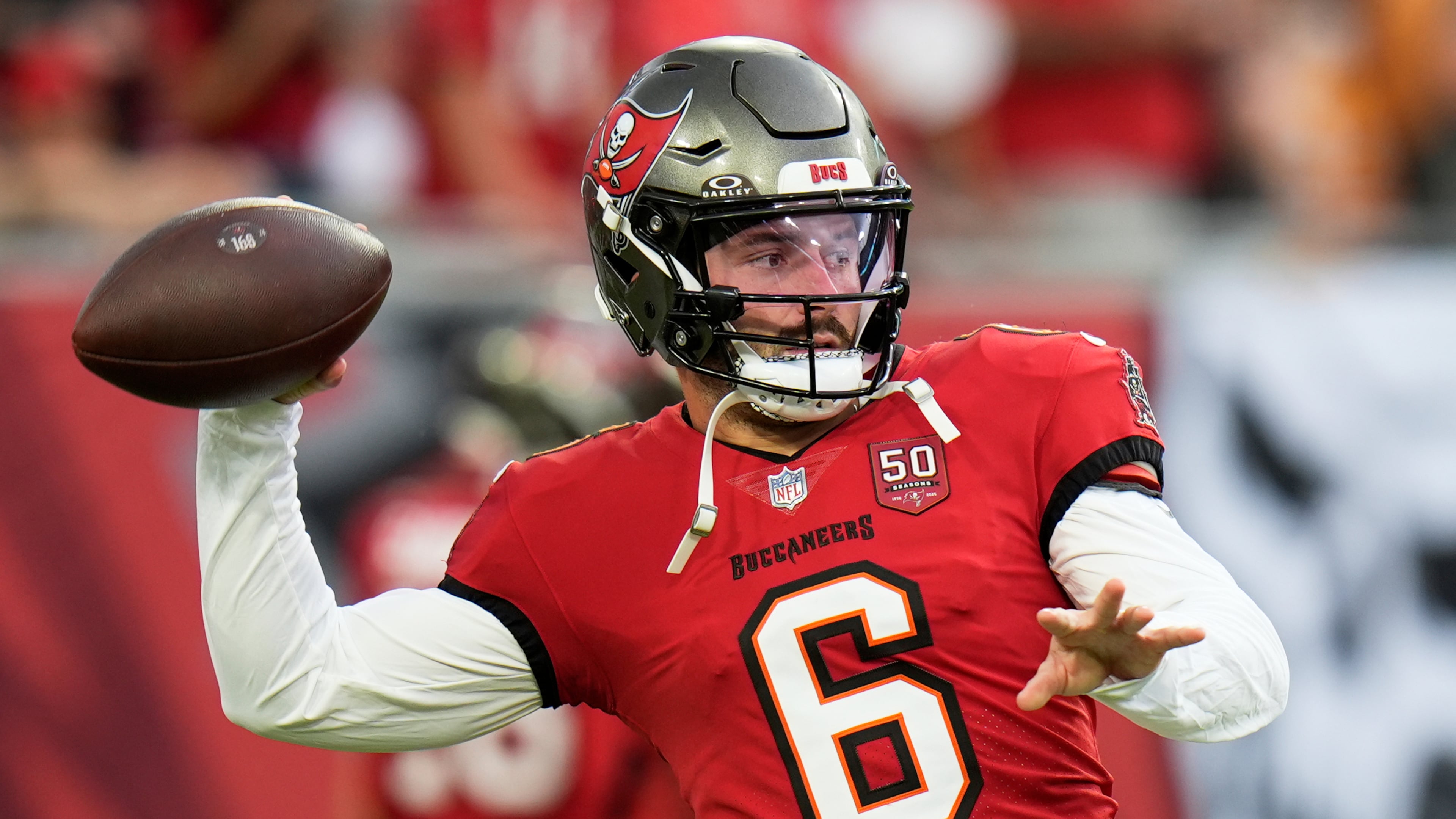 Tampa Bay Buccaneers quarterback Baker Mayfield warms up before an NFL preseason football game against the Tennessee Titans, Saturday, Aug. 9, 2025, in Tampa, Florida. (Chris O'Meara/AP)
