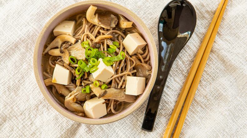You might have to run to a Japanese or Korean grocery for some ingredients, but Mushroom Soba Soup is easy to make. (Aaliyah Man for the AJC/food styling by Kate Williams)