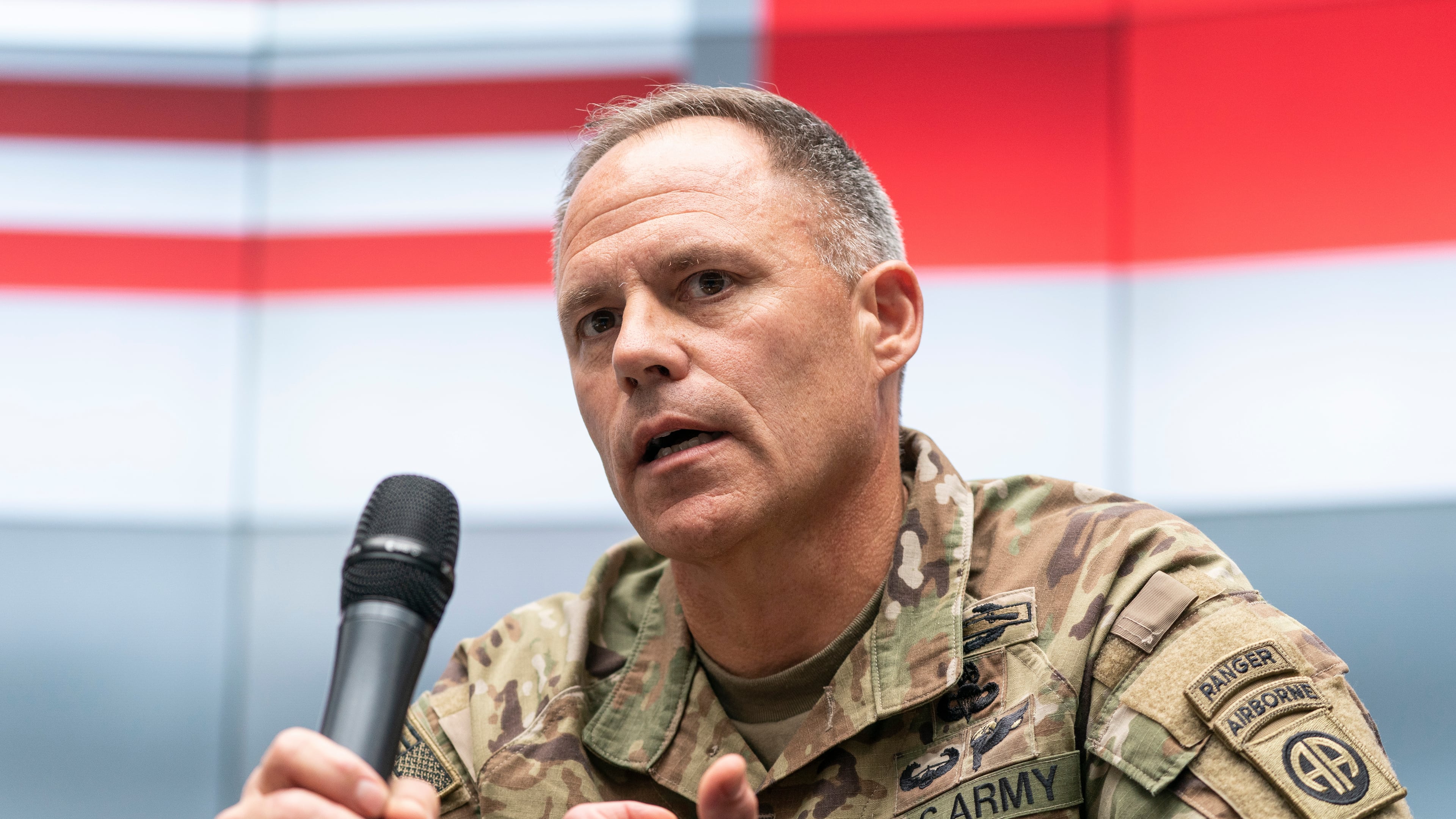FILE - U.S. Army Maj. Gen. Christopher LaNeve, Commanding General, 82nd Airborne Division, speaks with reporters, April 24, 2022, in Poland near the Ukraine border. (AP Photo/Alex Brandon, Pool)