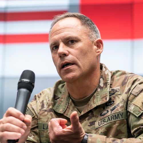FILE - U.S. Army Maj. Gen. Christopher LaNeve, Commanding General, 82nd Airborne Division, speaks with reporters, April 24, 2022, in Poland near the Ukraine border. (AP Photo/Alex Brandon, Pool)