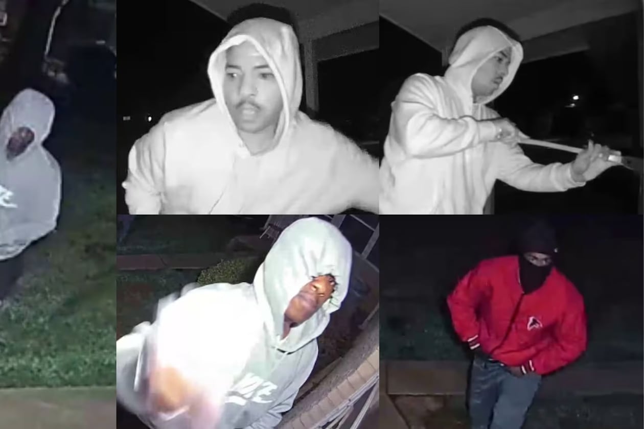 These images taken from a home doorbell camera captured suspects in a deadly burglary Saturday, Sept. 20, 2025, in DeKalb County. The homeowner was killed upon returning home after because she saw video of people she believed were breaking into her home. (Courtesy of WSB)
