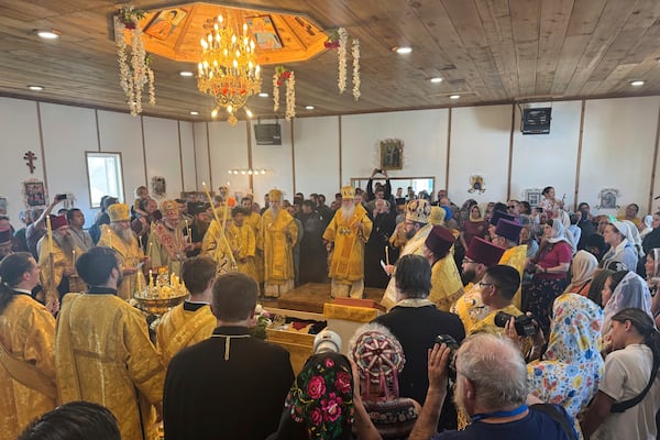 Worshippers fill St. Nicholas Orthodox Church in Kwethluk, Alaska, on June 19, 2025, for the canonization ceremony of St. Olga, the first female Orthodox saint in North America. (AP Photo/Mark Thiessen)