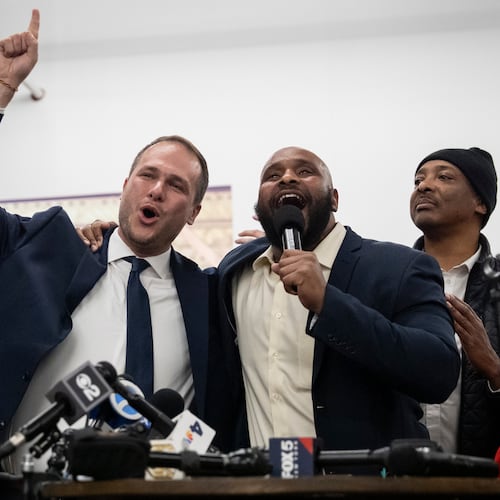 Jersey City Mayor-elect James Solomon gestures during his speech at a watch party, Tuesday, Dec. 2, 2025, in Jersey City, N.J. (AP Photo/Yuki Iwamura)