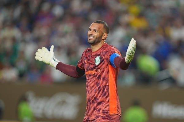 Palmeiras' goalkeeper Weverton gestures during the Club World Cup quarterfinal soccer match between Palmeiras and Chelsea in Philadelphia, Friday, July 4, 2025. (AP Photo/Chris Szagola)