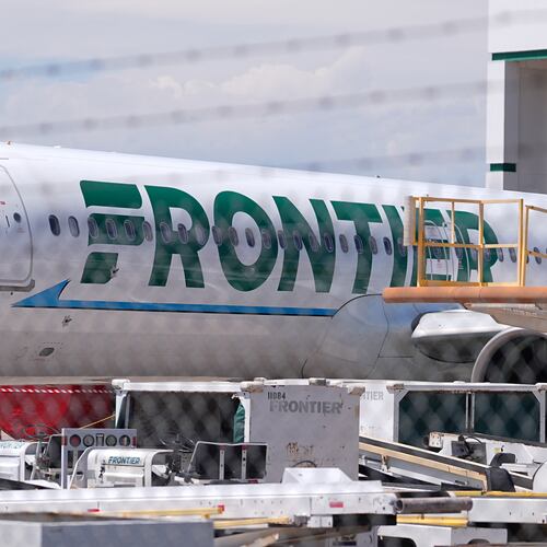 Frontier Airlines jetliner number n646fr sits outside the airlines technical operations center with other jetliners in for service north of Denver International Airport Saturday, May 9, 2026, in Denver. (AP Photo/David Zalubowski)