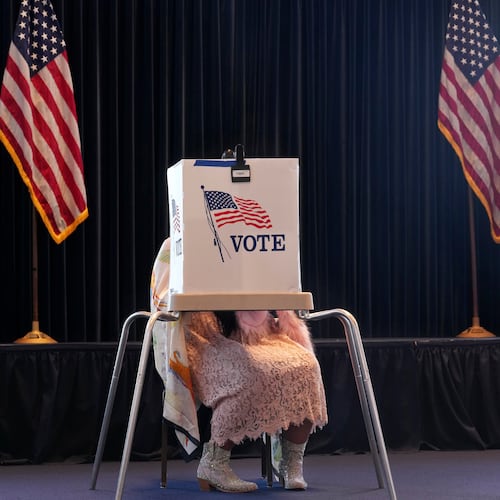 FILE - A voter prepares a ballot at a polling place at the Ronald Reagan Presidential Library on Election Day, Tuesday, Nov. 5, 2024, in Simi Valley, Calif. (AP Photo/Chris Pizzello, File)