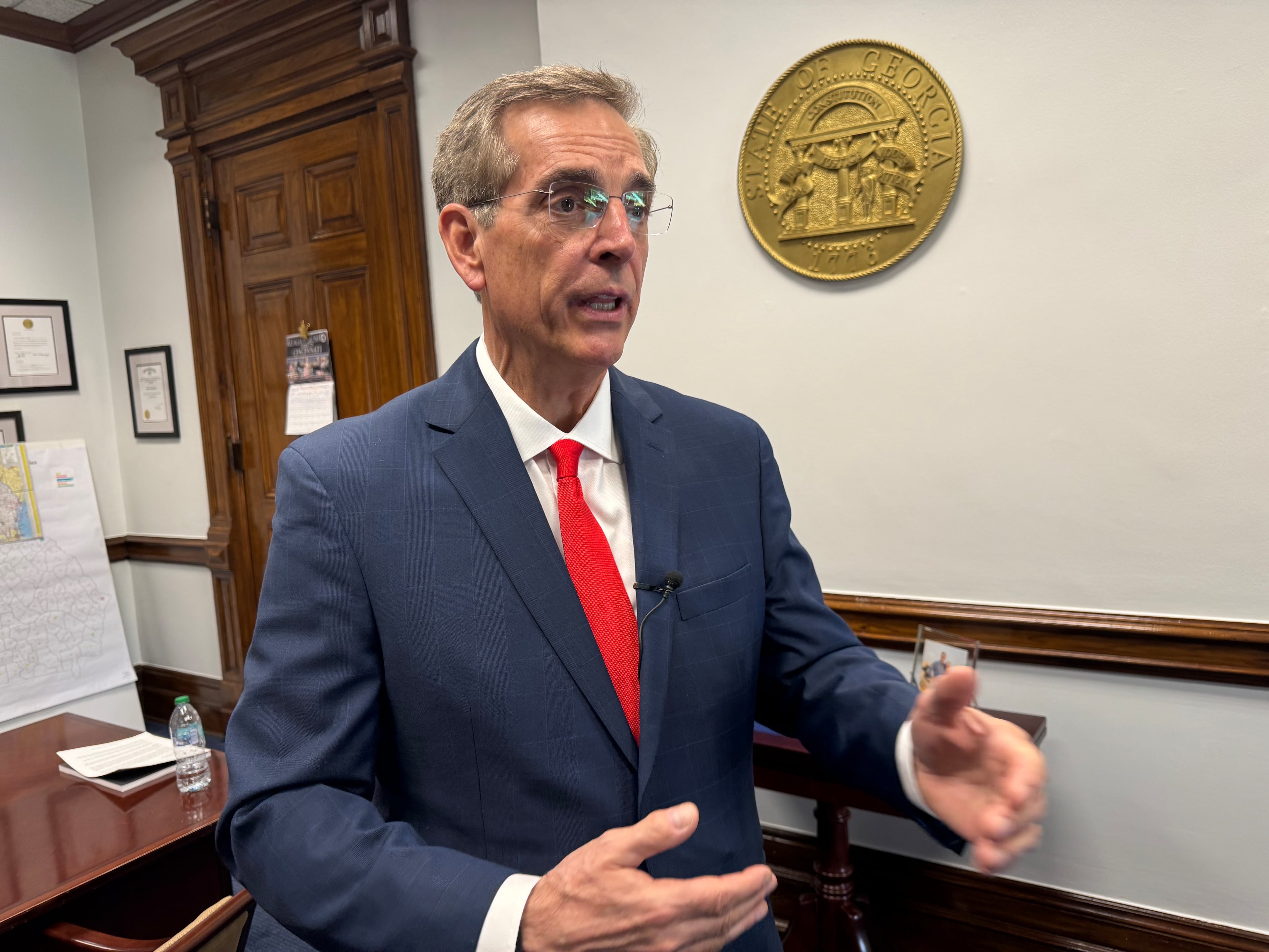 Georgia Secretary of State Brad Raffensperger spoke to reporters earlier this year in his office at the Capitol in Atlanta.