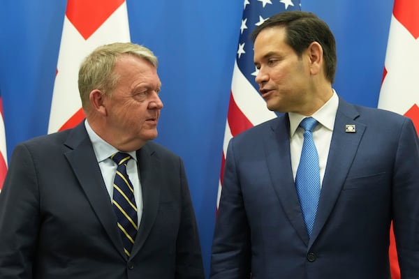 U.S. Secretary of State Marco Rubio, right, speaks with Denmark's Foreign Minister Lars Lokke Rasmussen during a NATO foreign ministers meeting at NATO headquarters Brussels, Thursday, April 3, 2025. (AP Photo/Jacquelyn Martin, Pool)