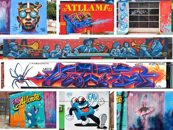East Atlanta Strut murals, left to right from top left: works by Skape Zilla, Nick Turbo Benson, Liz Webb; (2nd row) Chris Makes Art; (3rd row) Matt Letrs and Classy Streetz; (bottom row) Leah Abucayan, Greg Mike and Eric Nine.