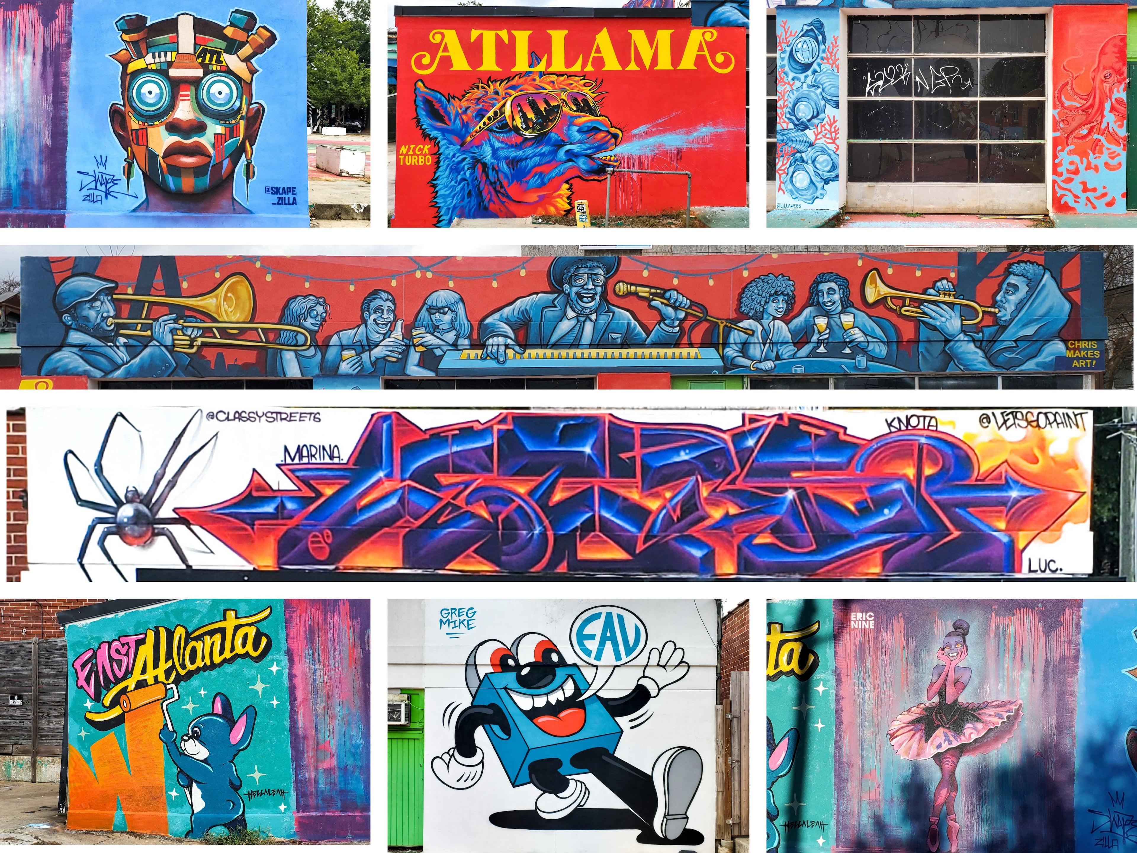 East Atlanta Strut murals, left to right from top left: works by Skape Zilla, Nick Turbo Benson, Liz Webb; (2nd row) Chris Makes Art; (3rd row) Matt Letrs and Classy Streetz; (bottom row) Leah Abucayan, Greg Mike and Eric Nine.