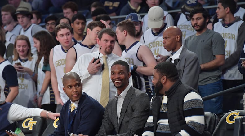 Former Georgia Tech star Chris Bosh attends a game between Georgia Tech and Clemson Sunday, Jan. 28, 2018, at McCamish Pavilion in Atlanta. (HYOSUB SHIN / HSHIN@AJC.COM)