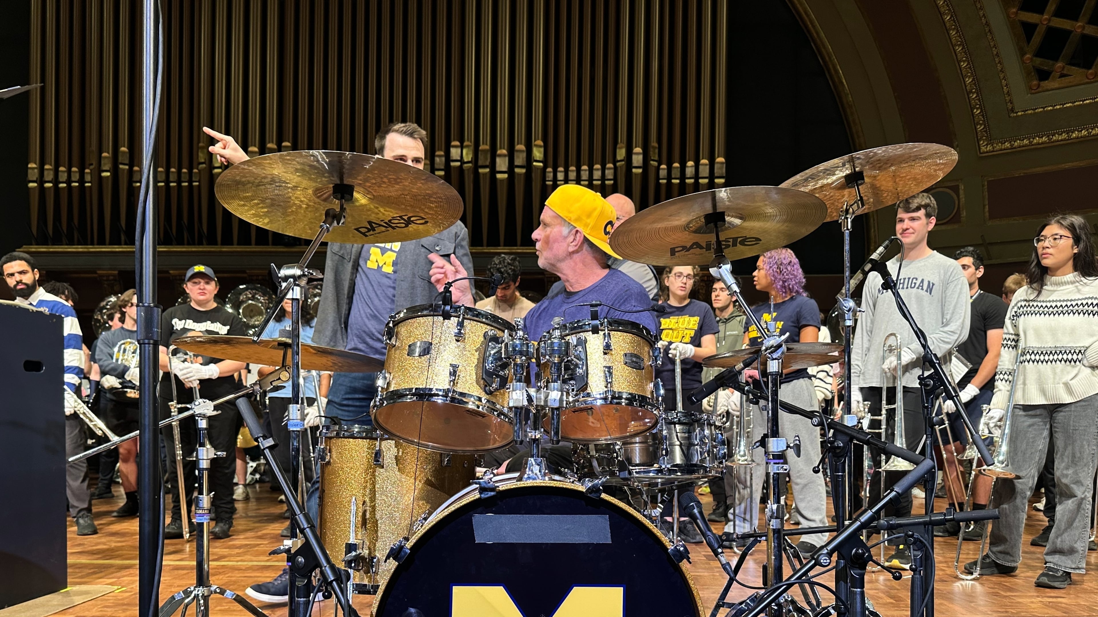 Red Hot Chili Peppers drummer Chad Smith performs with the Michigan Marching Band in Hill Auditorium on the campus of the University of Michigan Sunday, Nov. 2, 2025, in Ann Arbor, Mich. (AP Photo/Mike Householder)