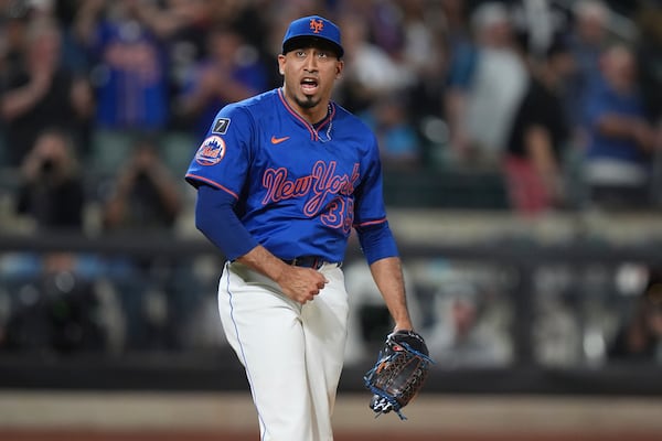 New York Mets' Edwin Díaz pitches celebrates after a baseball game against the Atlanta Braves Thursday, June 26, 2025, in New York. (AP Photo/Frank Franklin II)