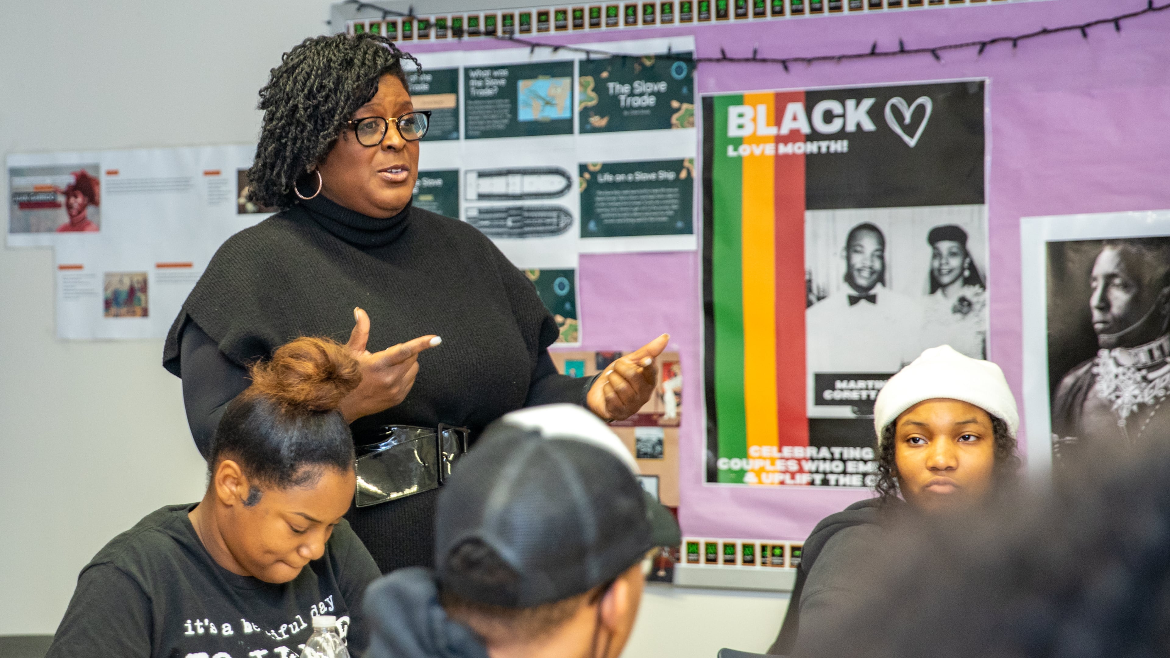 Then-Atlanta Public Schools Superintendent Lisa Herring participates in a class discussion she observed at Maynard Jackson High School on Friday, Feb 17, 2023. (Jenni Girtman for the AJC)