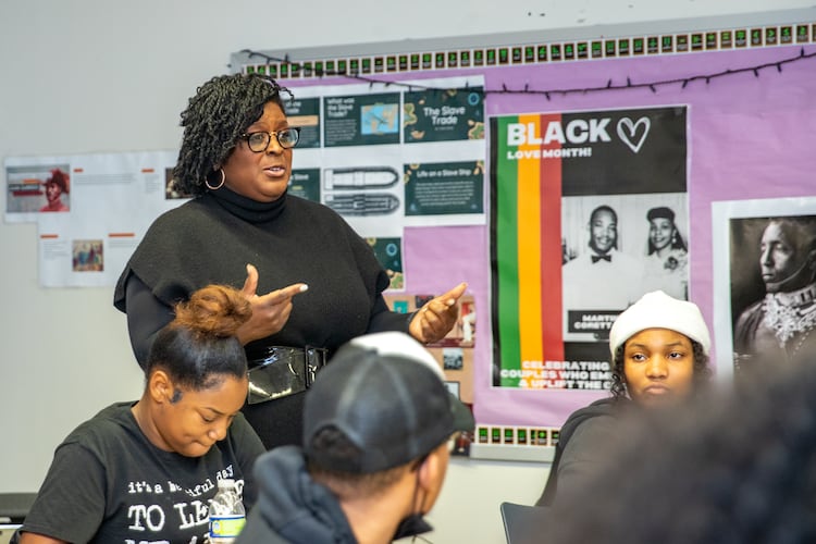 Then-Atlanta Public Schools Superintendent Lisa Herring participates in a class discussion she observed at Maynard Jackson High School on Friday, Feb 17, 2023. (Jenni Girtman for the AJC)