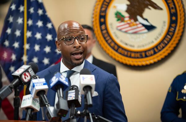 Internal Revenue Service Criminal Investigation Special Agent in Charge Demetrius Hardeman speaks during a press conference announcing the indictment of current and former police officers on fraud and conspiracy charges, Wednesday, July 16, 2025, at the Lafayette Federal Courthouse in Lafayette, La. (Brad Bowie/The Times-Picayune/The New Orleans Advocate via AP)