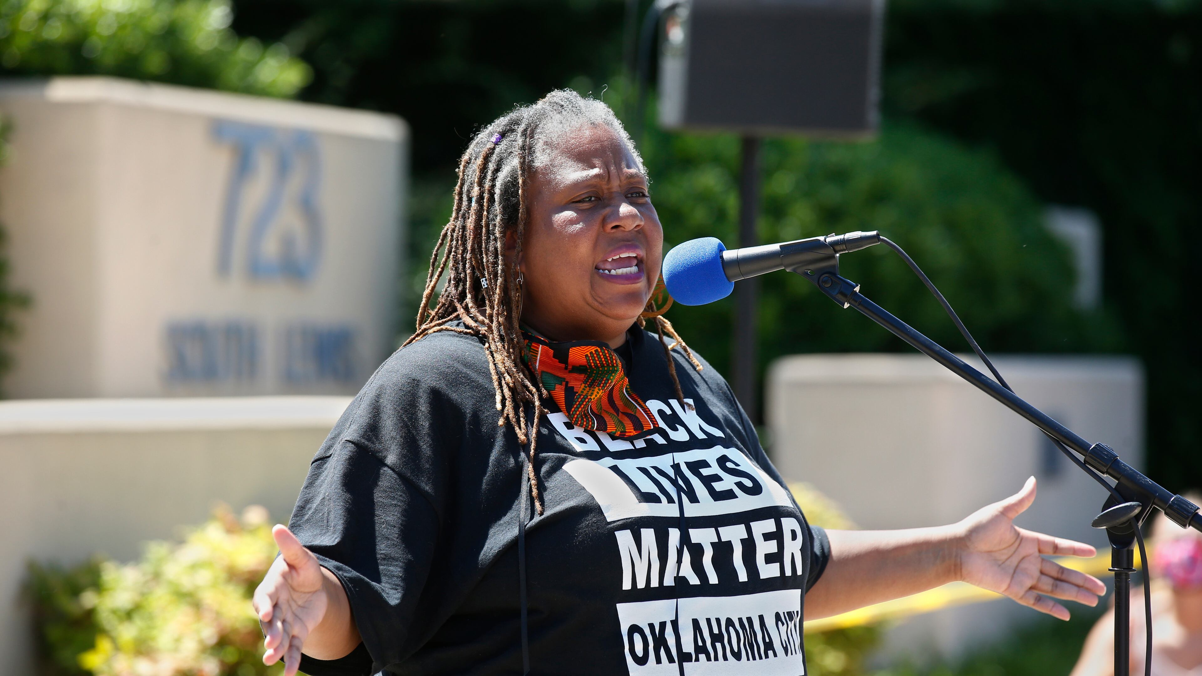 FILE - The Rev. T. Sheri Dickerson, a co-founder of Black Lives Matter in Oklahoma City, speaks during a rally outside the Stillwater Police Department in Stillwater, Okla., June 3, 2020, to protest the death of George Floyd, a black man who died after being restrained by Minneapolis police officers on May 25. (AP Photo/Sue Ogrocki, File)