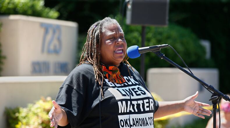 FILE - The Rev. T. Sheri Dickerson, a co-founder of Black Lives Matter in Oklahoma City, speaks during a rally outside the Stillwater Police Department in Stillwater, Okla., June 3, 2020, to protest the death of George Floyd, a black man who died after being restrained by Minneapolis police officers on May 25. (AP Photo/Sue Ogrocki, File)