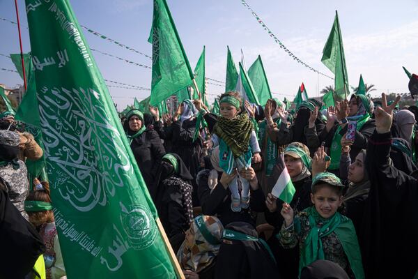 FILE - Palestinians attend a rally marking the 35th anniversary of the Hamas movement's founding in Gaza City, Wednesday, Dec. 14, 2022. (AP Photo/Fatima Shbair, File)