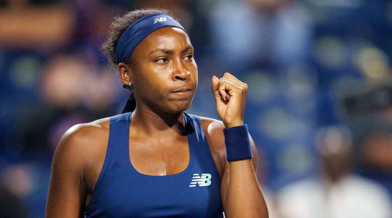 Coco Gauff of the United States celebrates in a match against Elena Rybakina of Kazakhstan during a National Bank Open semifinal tennis match in Toronto, Wednesday, August 12, 2026. (Chris Young/The Canadian Press via AP)
