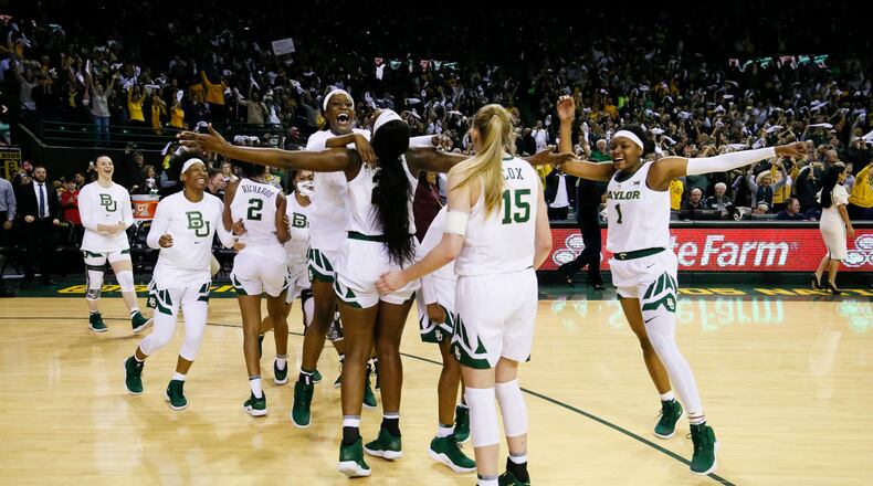 Baylor players celebrate after defeating top-ranked Connecticut on Thursday night.